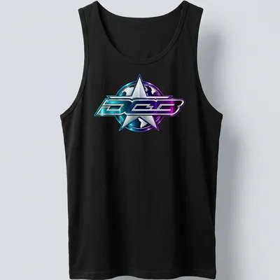 Chrome effect DCB logo in blue, purple, and silver on a T-shirt. — printed on a tank top