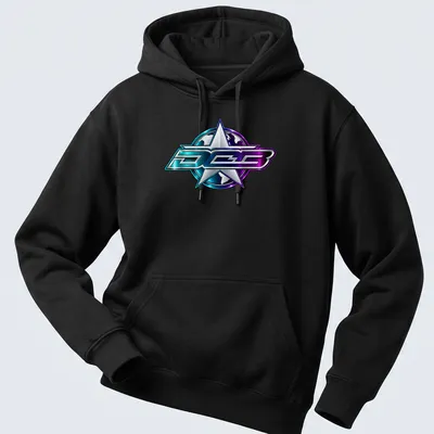 Chrome effect DCB logo in blue, purple, and silver on a T-shirt. — printed on a unisex hoodie