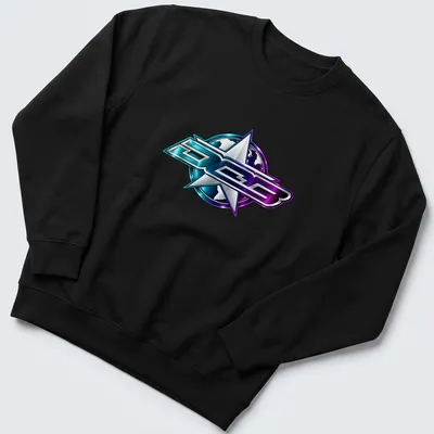 Chrome effect DCB logo in blue, purple, and silver on a T-shirt. — printed on a unisex sweatshirt