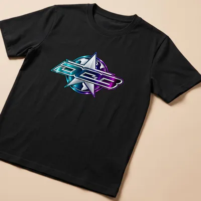 Chrome effect DCB logo in blue, purple, and silver on a T-shirt.