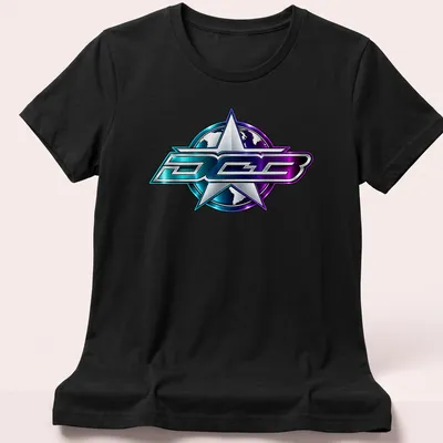 Chrome effect DCB logo in blue, purple, and silver on a T-shirt. — printed on a women's shirt