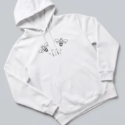 Boho line art of a honeybee in black on a white — printed on a unisex hoodie