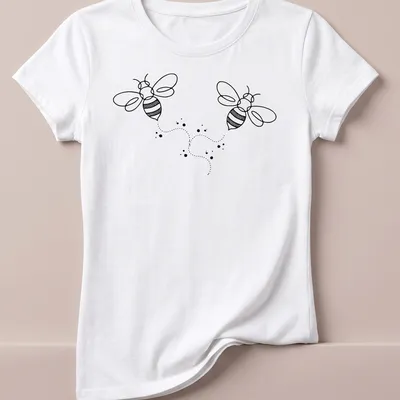 Boho line art of a honeybee in black on a white — printed on a women's shirt