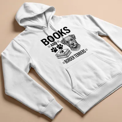 Line-art design of a Border Terrier with the phrase Books and Border Terriers — printed on a unisex hoodie