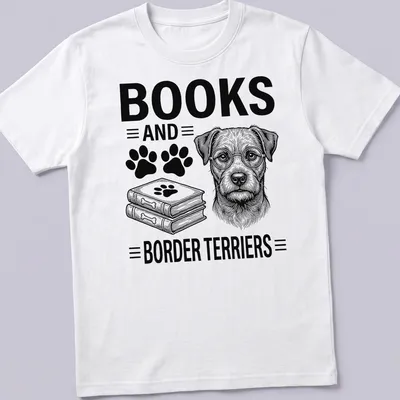 Line-art design of a Border Terrier with the phrase Books and Border Terriers — printed on a unisex t-shirt