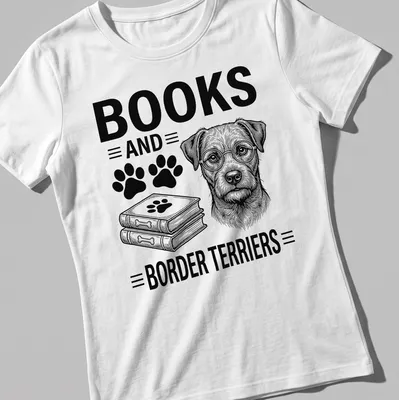 Line-art design of a Border Terrier with the phrase Books and Border Terriers — printed on a women's shirt