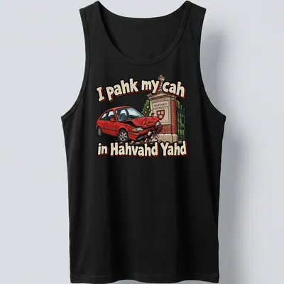 Cartoon-style T-shirt with a red car and Boston accent humor print — printed on a tank top
