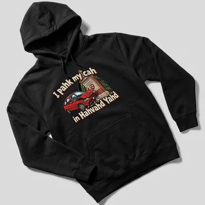 Cartoon-style T-shirt with a red car and Boston accent humor print — printed on a unisex hoodie