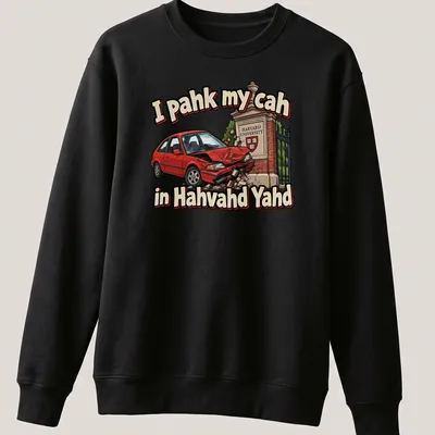 Cartoon-style T-shirt with a red car and Boston accent humor print — printed on a unisex sweatshirt