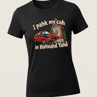 Cartoon-style T-shirt with a red car and Boston accent humor print — printed on a women's shirt