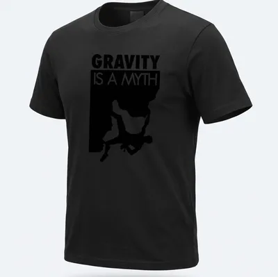 Minimalist design featuring a bouldering climber and the text 'Gravity Is A Myth'