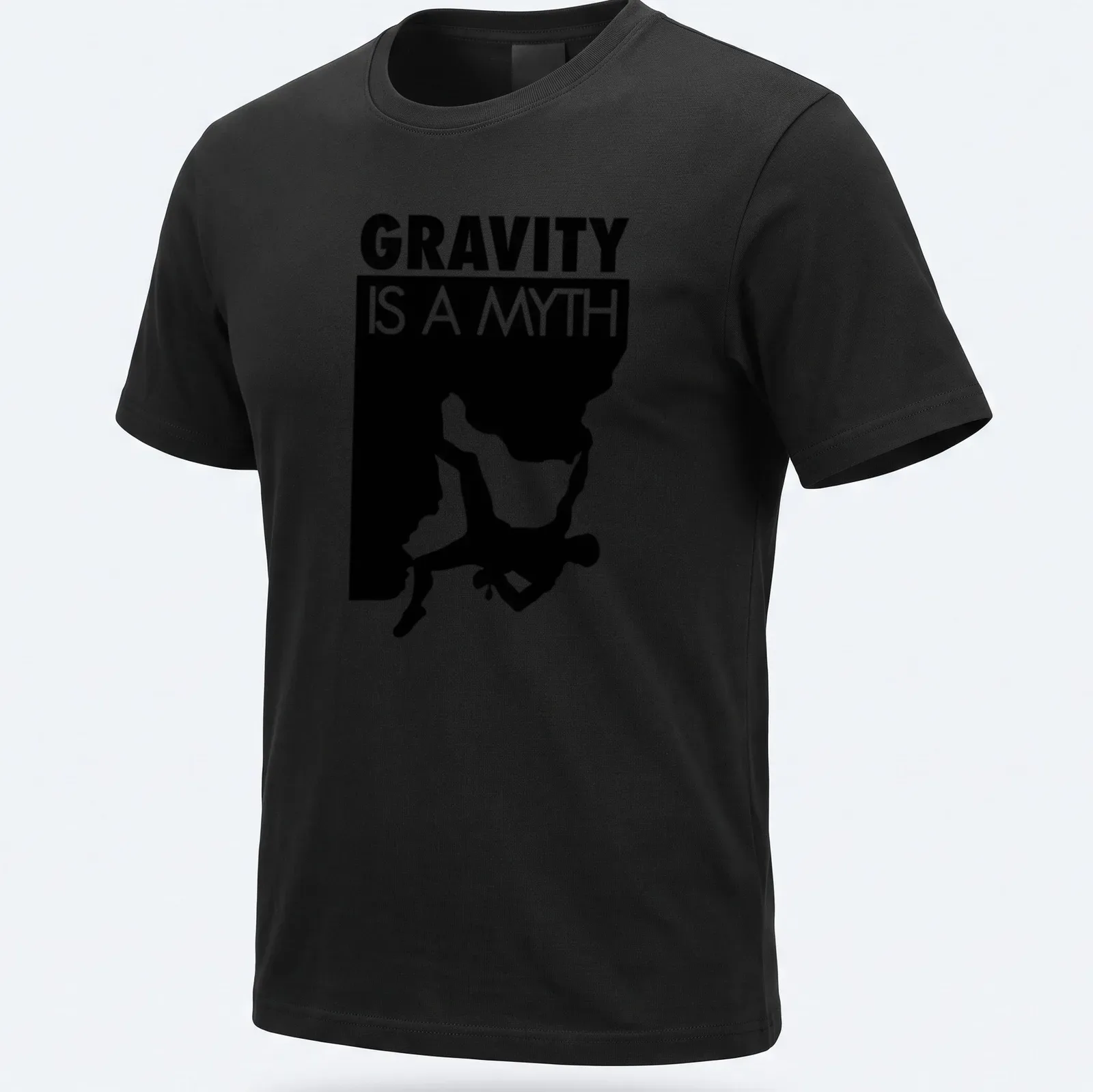 Minimalist design featuring a bouldering climber and the text 'Gravity Is A Myth' — printed on a unisex t-shirt