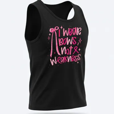 Playful watercolor T-shirt featuring a bow and the phrase 'I wear bows, not weakness' — printed on a tank top