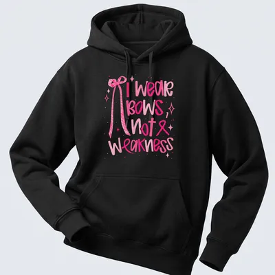 Playful watercolor T-shirt featuring a bow and the phrase 'I wear bows, not weakness' — printed on a unisex hoodie