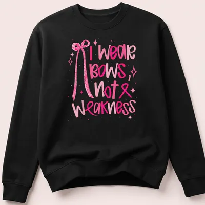 Playful watercolor T-shirt featuring a bow and the phrase 'I wear bows, not weakness' — printed on a unisex sweatshirt