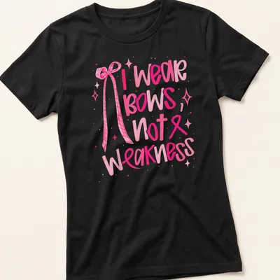 Playful watercolor T-shirt featuring a bow and the phrase 'I wear bows, not weakness' — printed on a women's shirt