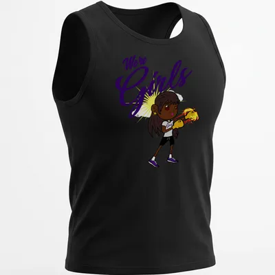 Cartoon boxing girl surrounded by flames with text We're Girls in bold letters — printed on a tank top
