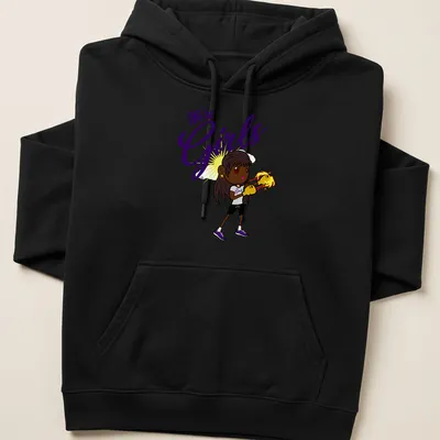 Cartoon boxing girl surrounded by flames with text We're Girls in bold letters — printed on a unisex hoodie