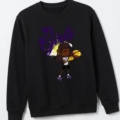 Cartoon boxing girl surrounded by flames with text We're Girls in bold letters — printed on a unisex sweatshirt