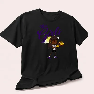 Cartoon boxing girl surrounded by flames with text We're Girls in bold letters — printed on a unisex t-shirt (angled view)