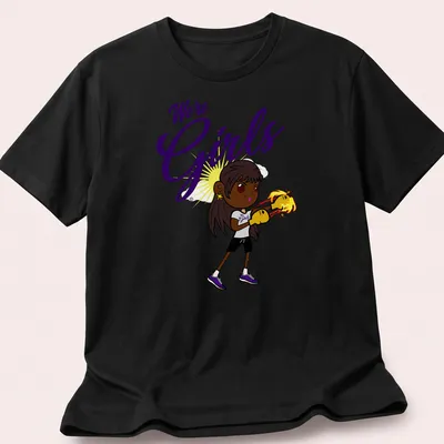 Cartoon boxing girl surrounded by flames with text We're Girls in bold letters