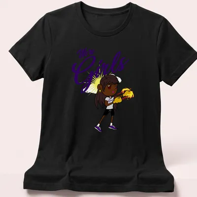 Cartoon boxing girl surrounded by flames with text We're Girls in bold letters — printed on a women's shirt