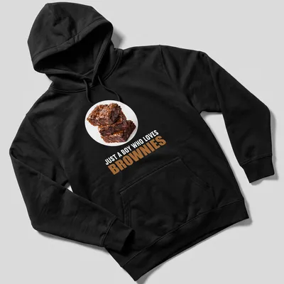 Illustration of a stack of brownies with text saying 'Just A Boy Who Loves Brownies' — printed on a unisex hoodie
