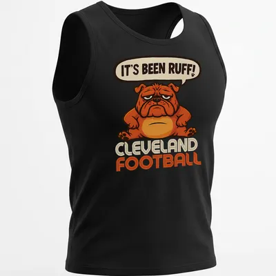 Cartoon bulldog graphic with 'It's Been Ruff!' text in orange, brown, and cream — printed on a tank top