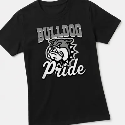 Graphic Bulldog Pride t-shirt with bold lettering and illustration — printed on a women's shirt