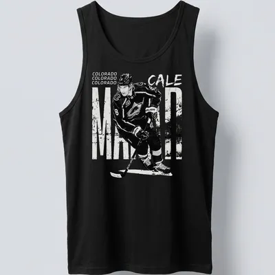 Vintage-style Colorado Cale Makar hockey player t-shirt in black and white — printed on a tank top