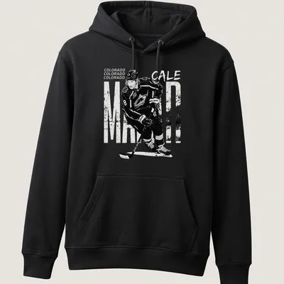 Vintage-style Colorado Cale Makar hockey player t-shirt in black and white — printed on a unisex hoodie