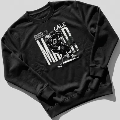 Vintage-style Colorado Cale Makar hockey player t-shirt in black and white — printed on a unisex sweatshirt