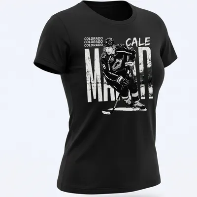 Vintage-style Colorado Cale Makar hockey player t-shirt in black and white — printed on a women's shirt