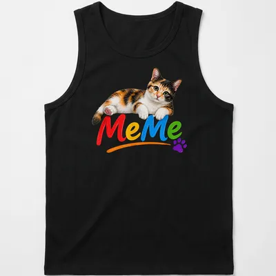 Colorful illustration of a calico cat with the text 'MeMe' above it. — printed on a tank top