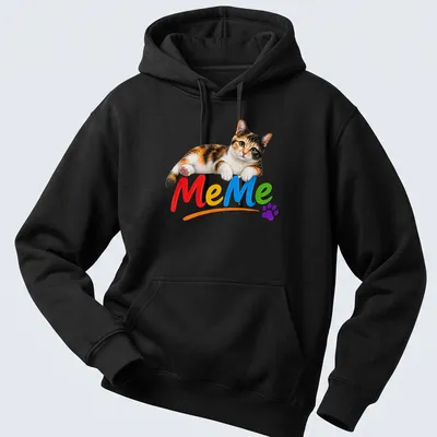Colorful illustration of a calico cat with the text 'MeMe' above it. — printed on a unisex hoodie
