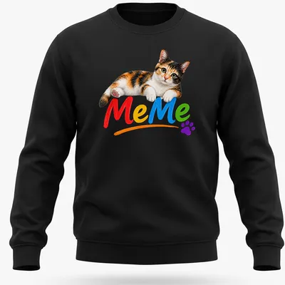 Colorful illustration of a calico cat with the text 'MeMe' above it. — printed on a unisex sweatshirt