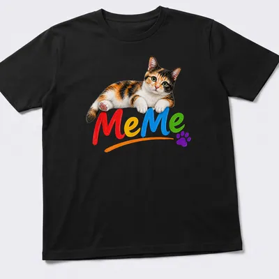 Colorful illustration of a calico cat with the text 'MeMe' above it.