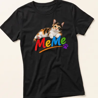 Colorful illustration of a calico cat with the text 'MeMe' above it. — printed on a women's shirt