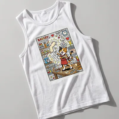 Colorful cartoon calico cat pastry chef with text about baking — printed on a tank top