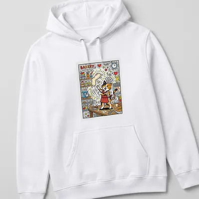 Colorful cartoon calico cat pastry chef with text about baking — printed on a unisex hoodie
