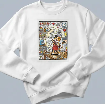Colorful cartoon calico cat pastry chef with text about baking — printed on a unisex sweatshirt