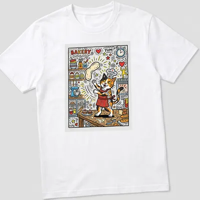 Colorful cartoon calico cat pastry chef with text about baking — printed on a unisex t-shirt