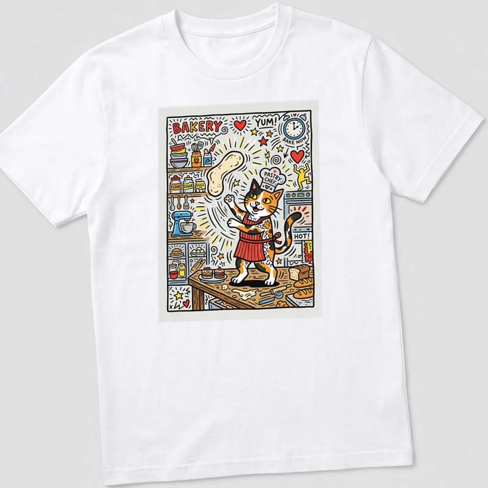 Colorful cartoon calico cat pastry chef with text about baking — printed on a unisex t-shirt