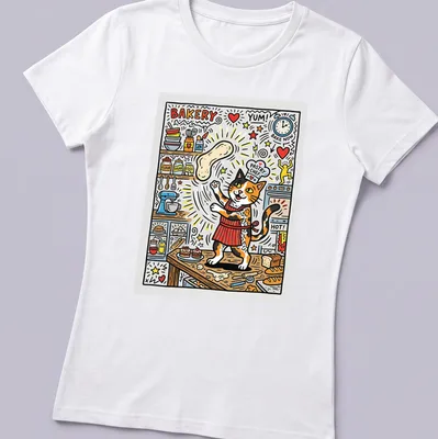 Colorful cartoon calico cat pastry chef with text about baking — printed on a women's shirt