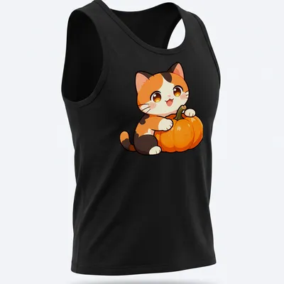 Kawaii calico cat with a harvest pumpkin, featuring cute colors and a playful expression. — printed on a tank top