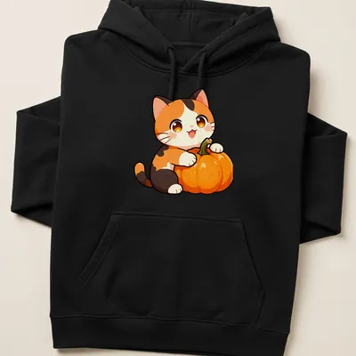Kawaii calico cat with a harvest pumpkin, featuring cute colors and a playful expression. — printed on a unisex hoodie