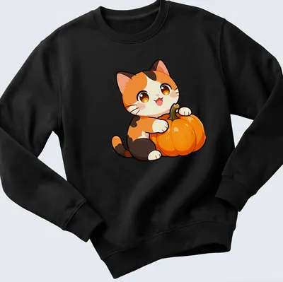 Kawaii calico cat with a harvest pumpkin, featuring cute colors and a playful expression. — printed on a unisex sweatshirt