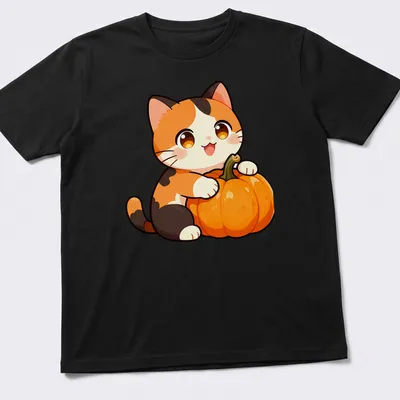 Kawaii calico cat with a harvest pumpkin, featuring cute colors and a playful expression.