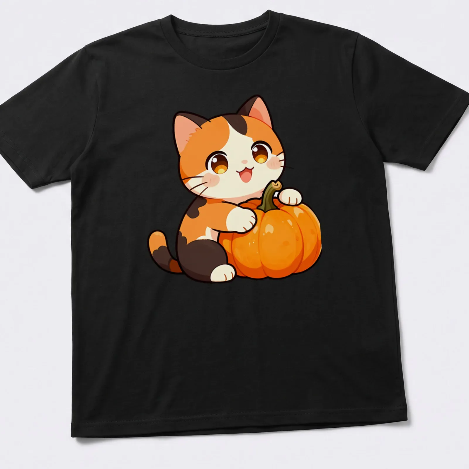 Kawaii calico cat with a harvest pumpkin, featuring cute colors and a playful expression. — printed on a unisex t-shirt
