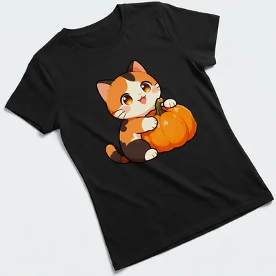 Kawaii calico cat with a harvest pumpkin, featuring cute colors and a playful expression. — printed on a women's shirt